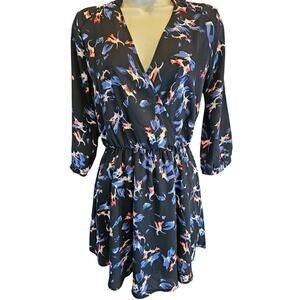Lush sz S blue floral faux wrap v neck lined long sleeve EUC casual church